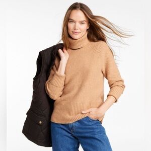 L.L.Bean Tan Super Soft Waffle Turtleneck Sweater with Side Zips (Size Large)